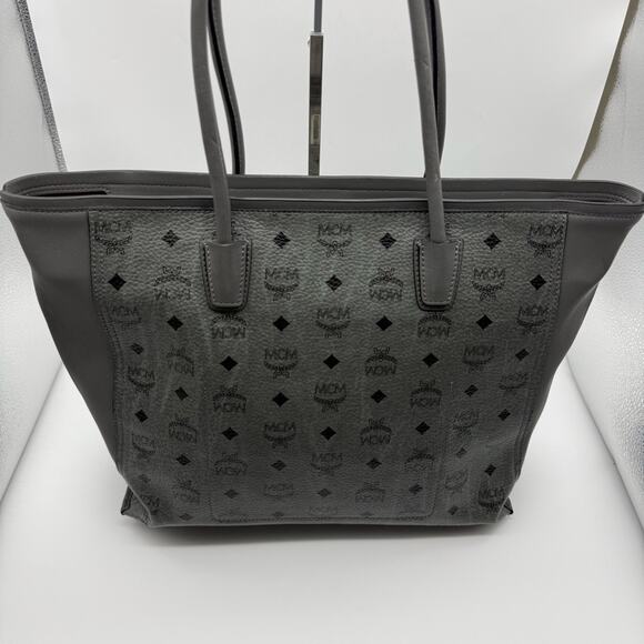 MCM Monogram Visetos Top Zip Shopper Tote Grey - Picture 15 of 16